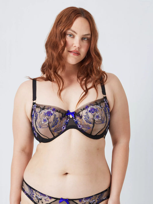 ‘Harper’ desert bird, embroidered mesh, balcony bra in black full support