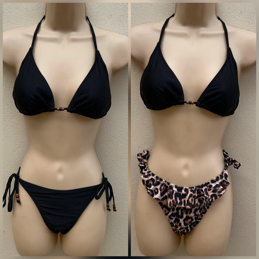 3 piece bikini set in black and leopard size M (10)